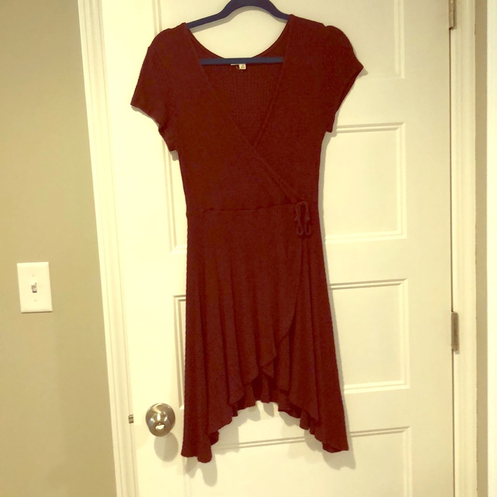 Red knit wrap dress.